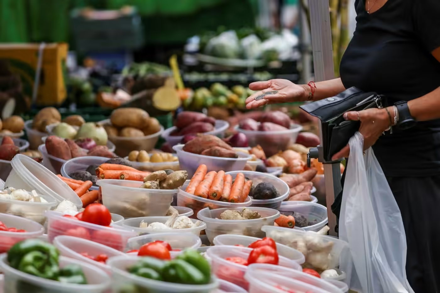 A woman pays for groceries at a market stall