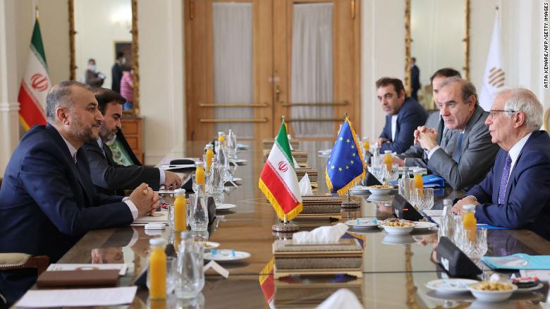 Iran's Foreign Minister Hossein Amir-Abdollahian meets Josep Borell, the High Representative of the European Union for Foreign Affairs and Security Policy, and Deputy Secretary General of the European External Action Service Enrique Mora in Tehran on June 25, 2022.