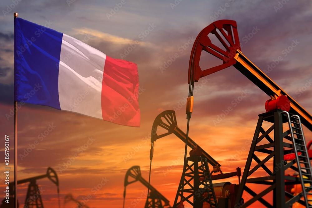 France oil industry concept. Industrial illustration - France flag and oil  wells with the red and blue sunset or sunrise sky background - 3D  illustration Stock Illustration | Adobe Stock