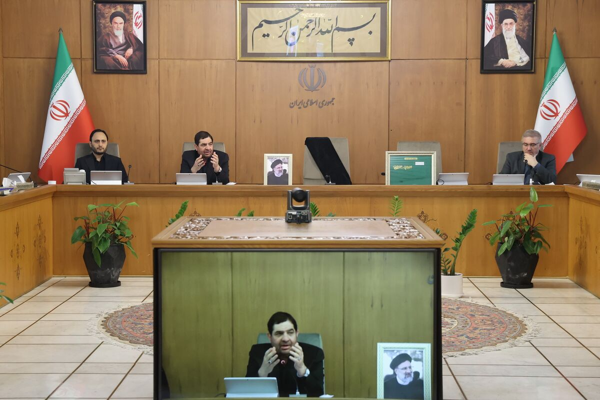 Mohammad Mokhber, second left, chairs the emergency meeting, held by government council, following the death of Ebrahim Raisi and other senior government officials in a helicopter crash, in Tehran, on May 20.