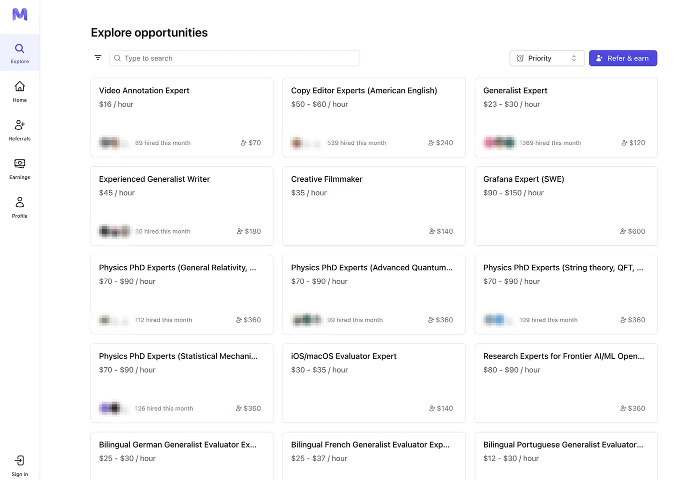 Screenshot of some of the job listings on Mercor’s website.